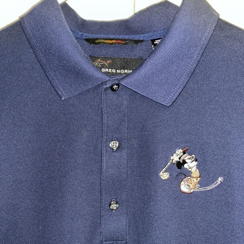 Blue Mickey Mouse Golfing Disney SS golf polo shirt L Greg Norman Shark Teeth